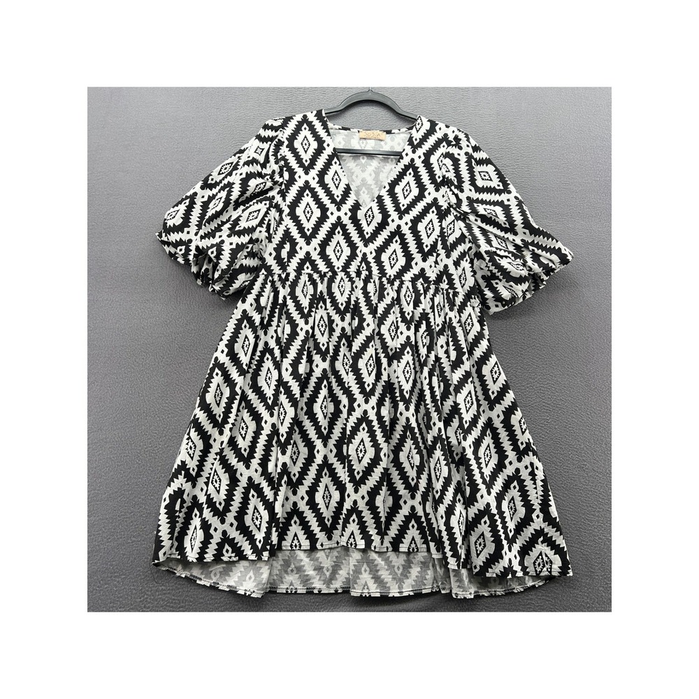 Sofia Made in Italy Dress Womens L Black White Geometric Babydoll Puff Sleeve